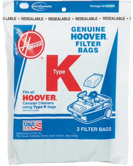 Hoover style K Vacuum Bags (3 pack) Part # 4010028K